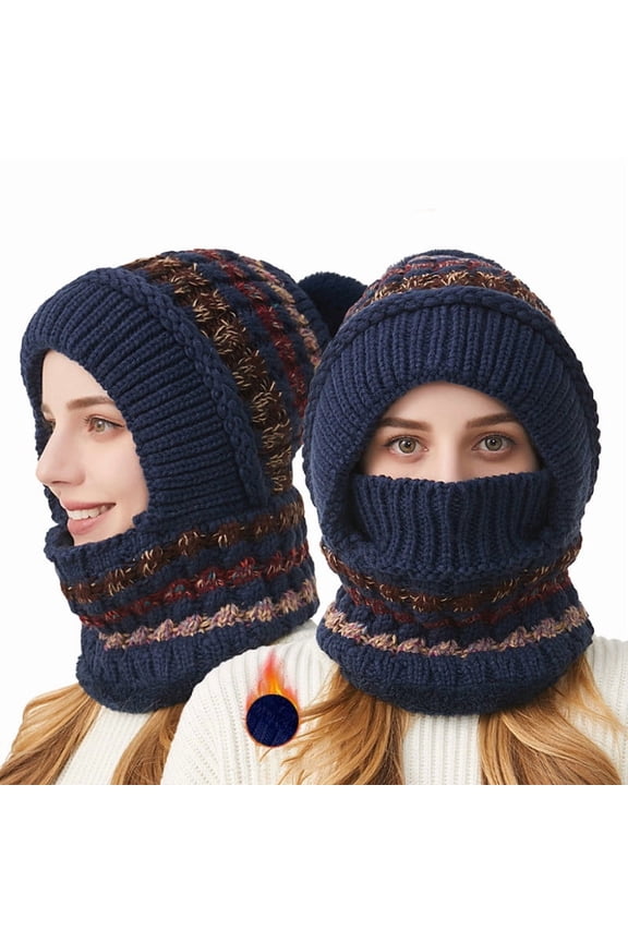 Women Winter Hats 3 In 1 Beanie Hat with Scarf and Mask Chunky Knitted Color Block Snow Caps Pompom Cute Warm Stocking Cap Windproof Cozy Cold Weather Balaclava