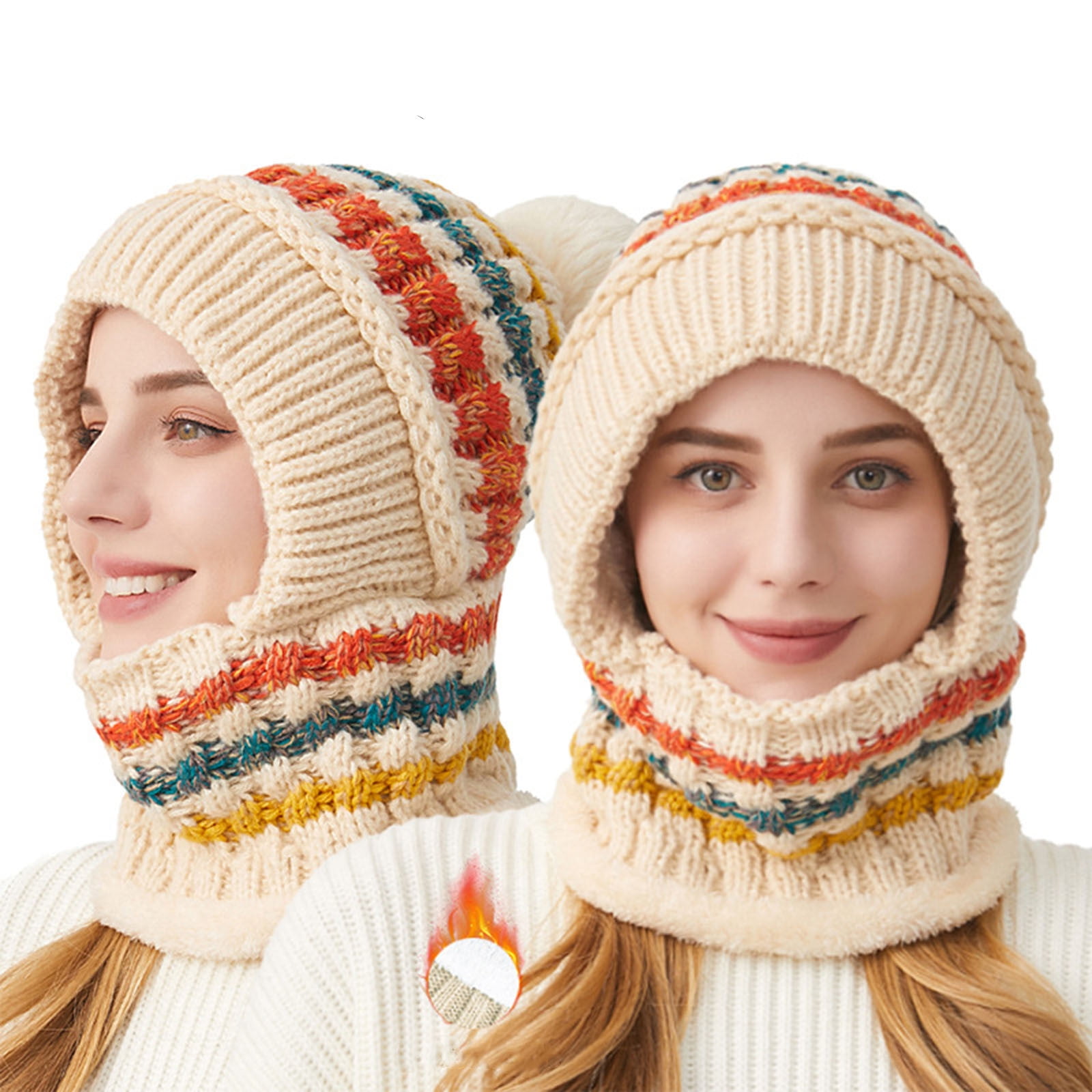 Cadancy Women Winter Hats 3 In 1 Beanie Hat with Scarf and Mask Chunky Knitted Color Block Snow Caps Pompom Cute Warm Stocking Cap Windproof Cozy Cold Weather Balaclava