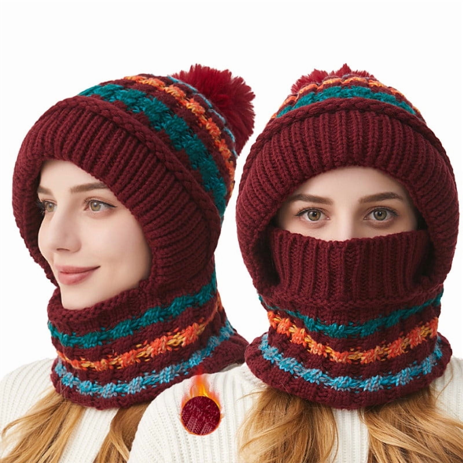 Cadancy Women Winter Hats 3 In 1 Beanie Hat with Scarf and Mask Chunky Knitted Color Block Snow Caps Pompom Cute Warm Stocking Cap Windproof Cozy Cold Weather Balaclava