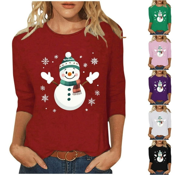 Cadancy Women's 3/4 Sleeve Tops Christmas Snowman Vintage Holiday Shirts Plus Size Dressy Party Winter Shirt Crewneck Xmas Funny Casual Loose Blouses