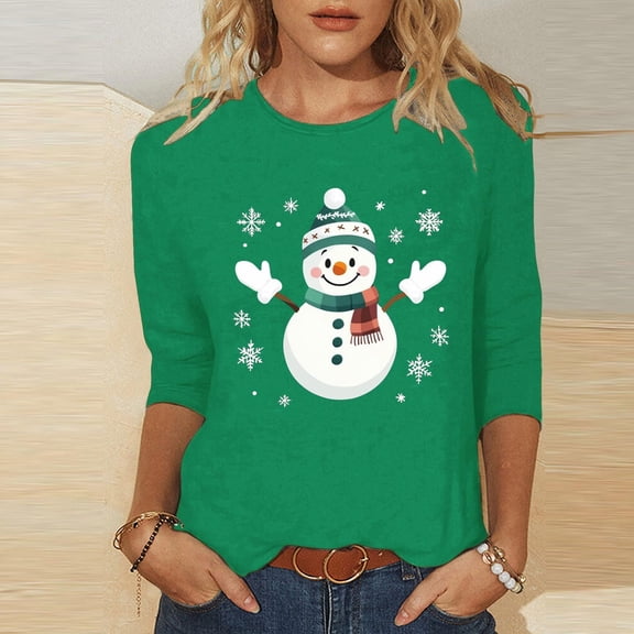 Cadancy Women's 3/4 Sleeve Tops Christmas Snowman Vintage Holiday Shirts Plus Size Dressy Party Winter Shirt Crewneck Xmas Funny Casual Loose Blouses