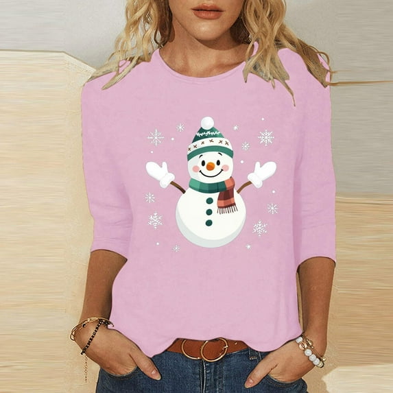 Cadancy Women's 3/4 Sleeve Tops Christmas Snowman Vintage Holiday Shirts Plus Size Dressy Party Winter Shirt Crewneck Xmas Funny Casual Loose Blouses