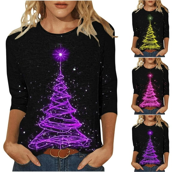 Cadancy Women's 3/4 Sleeve Tops Dressy Vintage Christmas Winter Tshirts Crew Neck Casual Sequin Xmas Tree Plus Size Blouses Holiday Funny Party Shirts