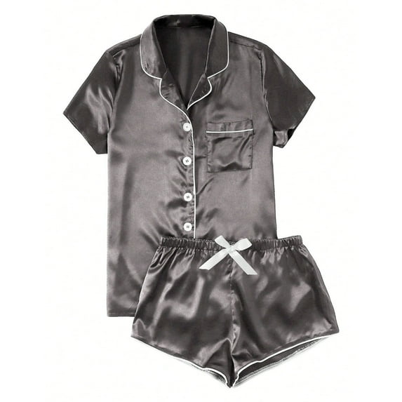 Cadancy Women's Satin Pajama Set Button Down Shirt & Shorts Short Sleeve Plus Size Lounge Wear Night Suits Bridal Matching Set Vacation Sleepwear Pijamas de Mujer Black M