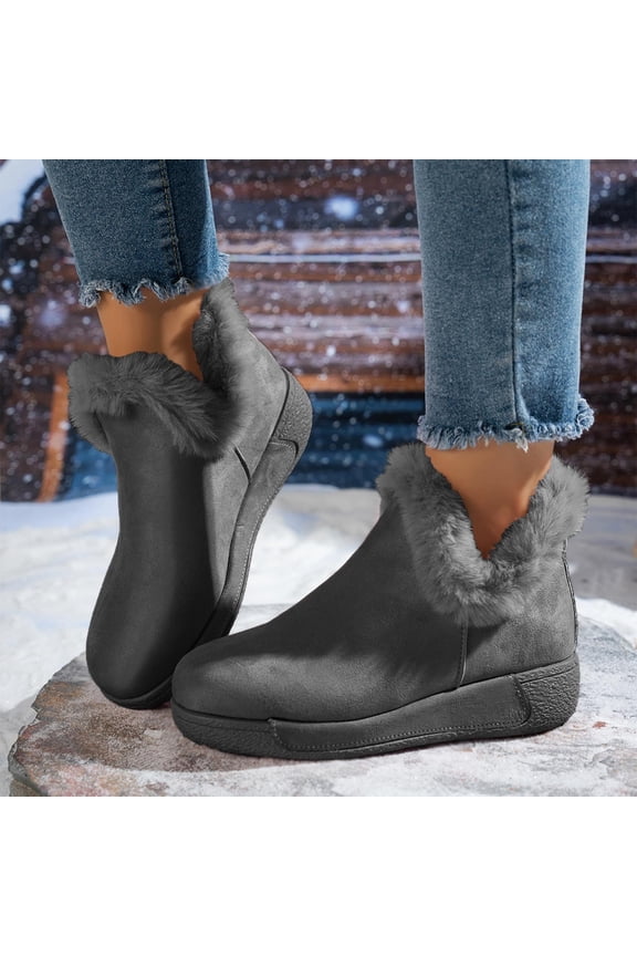 Women's Snow Boots Furry Fluffy Suede Slip-On Wedge Sole Comfy Ankle High Booties Plush Trim Outdoor Winter Warm Shoes Round Toe Casual Bootie