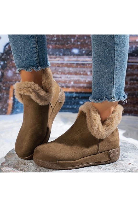 Women's Snow Boots Furry Fluffy Suede Slip-On Wedge Sole Comfy Ankle High Booties Plush Trim Outdoor Winter Warm Shoes Round Toe Casual Bootie