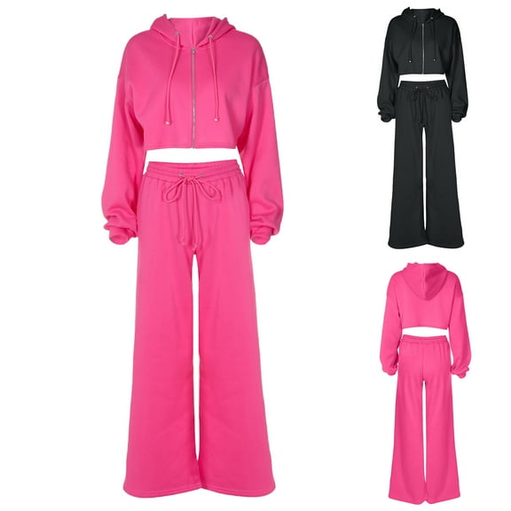 Cadancy Womens 2 Piece Lounge Set Long Sleeve Oversized Zip Up Crop Hoodies Drawstring Waist Wide Leg Baggy Pants with Pockets Y2K Outfits Sets Trendy Sweatsuits 2025