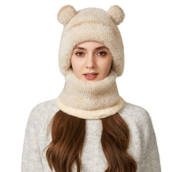 Cadancy Womens Beanie Hats Winter Fleece Balaclava Ski Mask Windproof Cute Bear Ears Snow Caps Plush Soft Warm Outdoor Cold Weather Hooded Scarf Neck Warmer