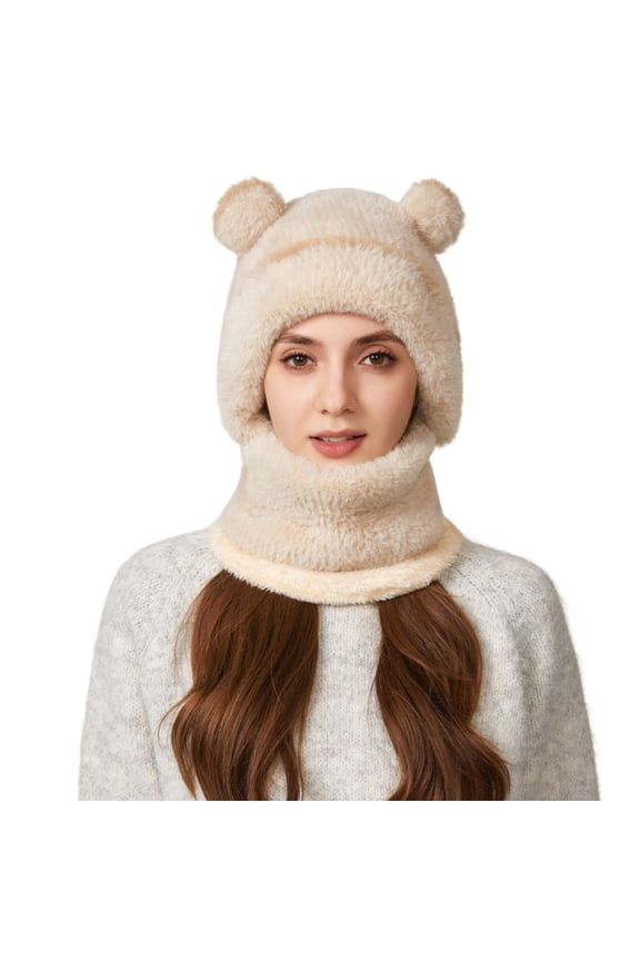 Womens Beanie Hats Winter Fleece Balaclava Ski Mask Windproof Cute Bear Ears Snow Caps Plush Soft Warm Outdoor Cold Weather Hooded Scarf Neck Warmer