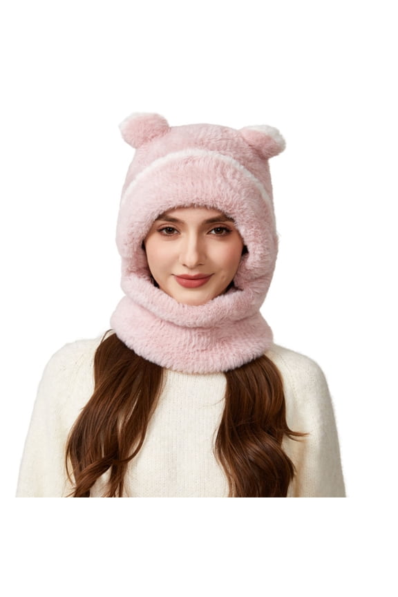 Womens Beanie Hats Winter Fleece Balaclava Ski Mask Windproof Cute Bear Ears Snow Caps Plush Soft Warm Outdoor Cold Weather Hooded Scarf Neck Warmer