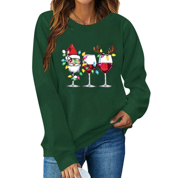 Cadancy Womens Christmas Sweatshirt Funny Wine Glass Print Vintage Crewneck Loose Sweatshirts Long Sleeve Winter Party Tops Xmas Holiday Pullover Outfits 2025