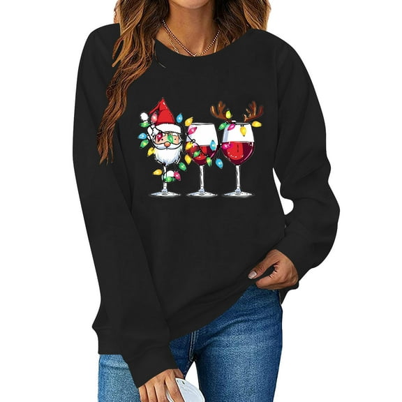Cadancy Womens Christmas Sweatshirt Funny Wine Glass Print Vintage Crewneck Loose Sweatshirts Long Sleeve Winter Party Tops Xmas Holiday Pullover Outfits 2025