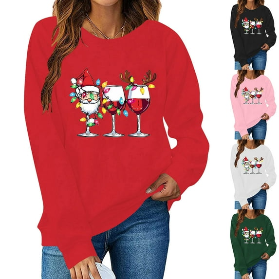 Cadancy Womens Christmas Sweatshirt Funny Wine Glass Print Vintage Crewneck Loose Sweatshirts Long Sleeve Winter Party Tops Xmas Holiday Pullover Outfits 2025