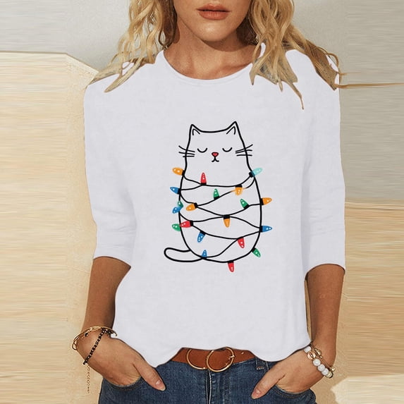 Cadancy Womens Christmas Tops Xmas Cute Print Vintage Casual Blouses Plus Size Party Winter Crew Neck Shirts Dressy 3/4 Sleeve Funny Holiday Tshirts