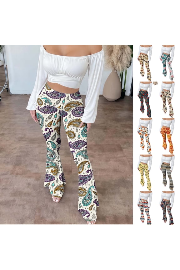 Womens Flare Leggings Boho Vintage Floral Patterned High Waisted Palazzo Yoga Pants Tummy Control Cozy Soft Stretch Trendy Flared Tights