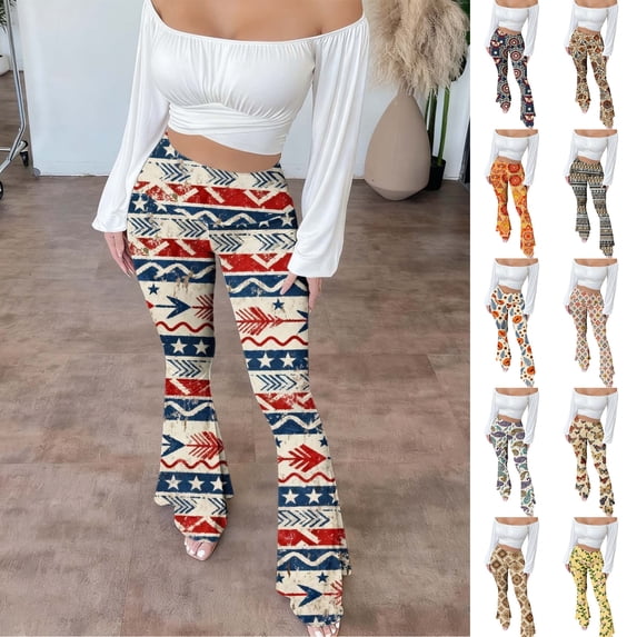 Cadancy Womens Flare Leggings Boho Vintage Floral Patterned High Waisted Palazzo Yoga Pants Tummy Control Cozy Soft Stretch Trendy Flared Tights