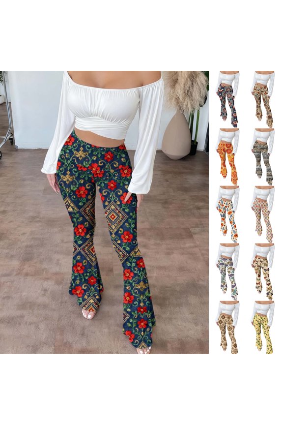 Womens Flare Leggings Boho Vintage Floral Patterned High Waisted Palazzo Yoga Pants Tummy Control Cozy Soft Stretch Trendy Flared Tights
