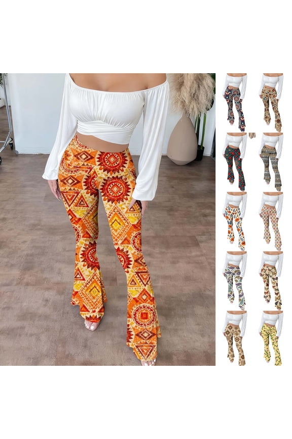 Womens Flare Leggings Boho Vintage Floral Patterned High Waisted Palazzo Yoga Pants Tummy Control Cozy Soft Stretch Trendy Flared Tights