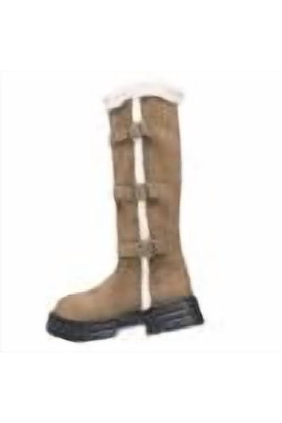 Womens Knee High Boots Suede Flat Fleece Lined Buckle Mid Culf Snow Booties Slip On Winter Fuuzy Warm Trendy Round Toe Shoes Outdoor Fashion Footwear