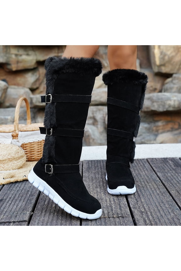 Womens Knee High Boots Suede Low Heel Fuzzy Fleece Lining Side Zipper Mid Calf Booties Winter Warm Outdoor Walking Casual Snow Shoes Non-Slip Trendy Buckle Vintage Footwear