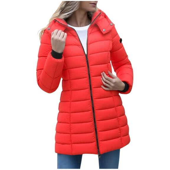 Cadancy Womens Long Winter Coats Detachable Hood Double Zip Down Jackets with Zipper Pockets Thicken Stand Collar Puffy Quilted Jacket Trendy Casual Outerwear Coat 2025