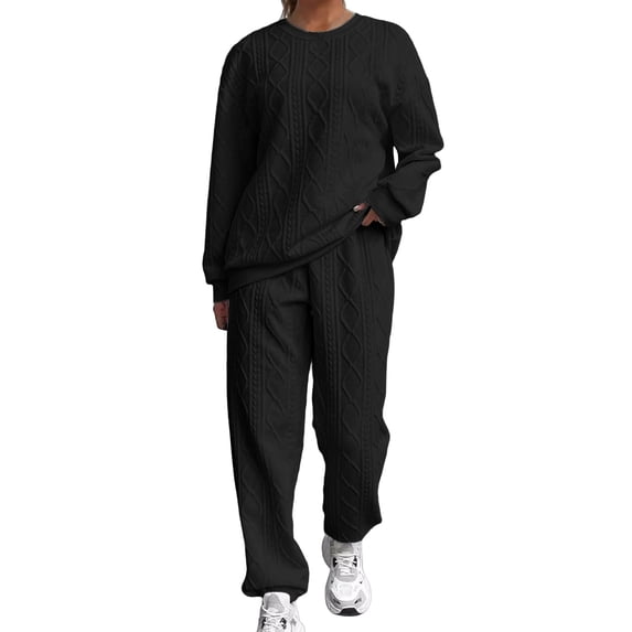 Cadancy Womens Lounge Set Long Sleeve Crewneck Jacquard Pullover Tops and Elastic Waist Joggers Pants with Pockets Loose Solid Tracksuit 2 Piece Outfits Trendy Sweatsuit 2025