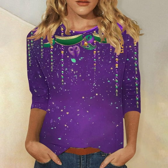 Cadancy Womens Mardi Gras Shirt Plus Size Rave Party Trendy 3/4 Sleeve Tops Holiday Graphic Crewneck Shirts Funny Casual Carnival Blouse Tee