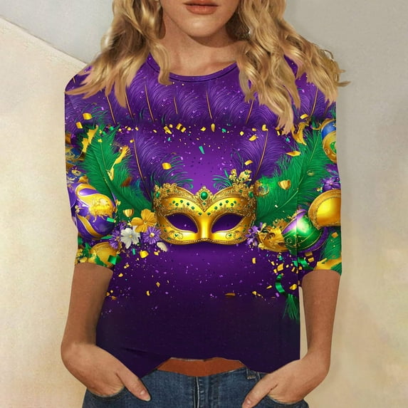 Cadancy Womens Mardi Gras Shirt Plus Size Rave Party Trendy 3/4 Sleeve Tops Holiday Graphic Crewneck Shirts Funny Casual Carnival Blouse Tee