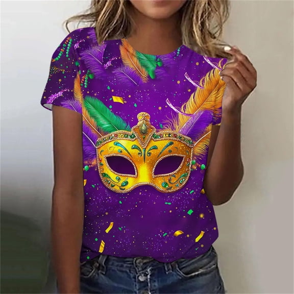 Cadancy Womens Mardi Gras Shirt Short Sleeve Holiday Funny Graphic Crewneck Pullover Tee Shirts Trendy Casual Rave Party Carnival Outfits Loose Fit Blouse