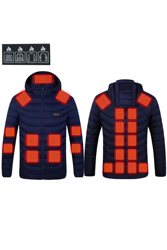 Womens Mens Heated Jacket with Hood Battery USB Rechargeable 4 Temperature Modes 25 Heating Zones Thermal Quilted Jackets Zipper Pockets Winter Outdoor Warm Coat