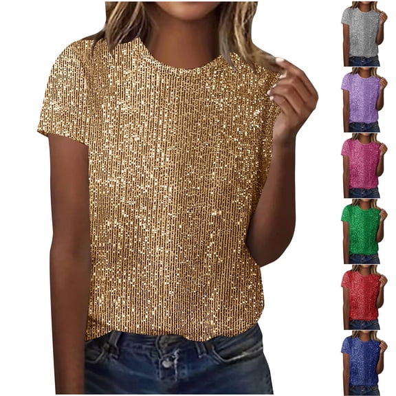 Cadancy Womens Sequin Top Sparkly Short Sleeve Round Neck Tunic Tops Night Out Party Evening Disco Concert Tee Glitter Trendy Outfits