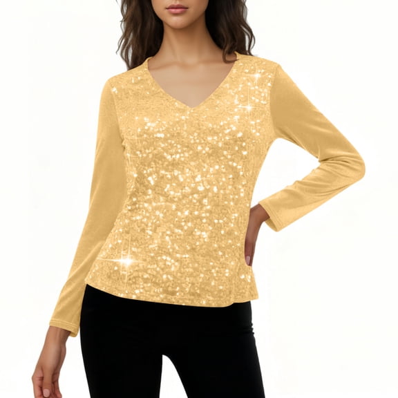 Cadancy Womens Sequin Top Sparkly Velvet V Neck Long Sleeve Shirts Pullover Tunic Tops Fashion Dressy Evening Party Night Out Concert Glitter Outfits