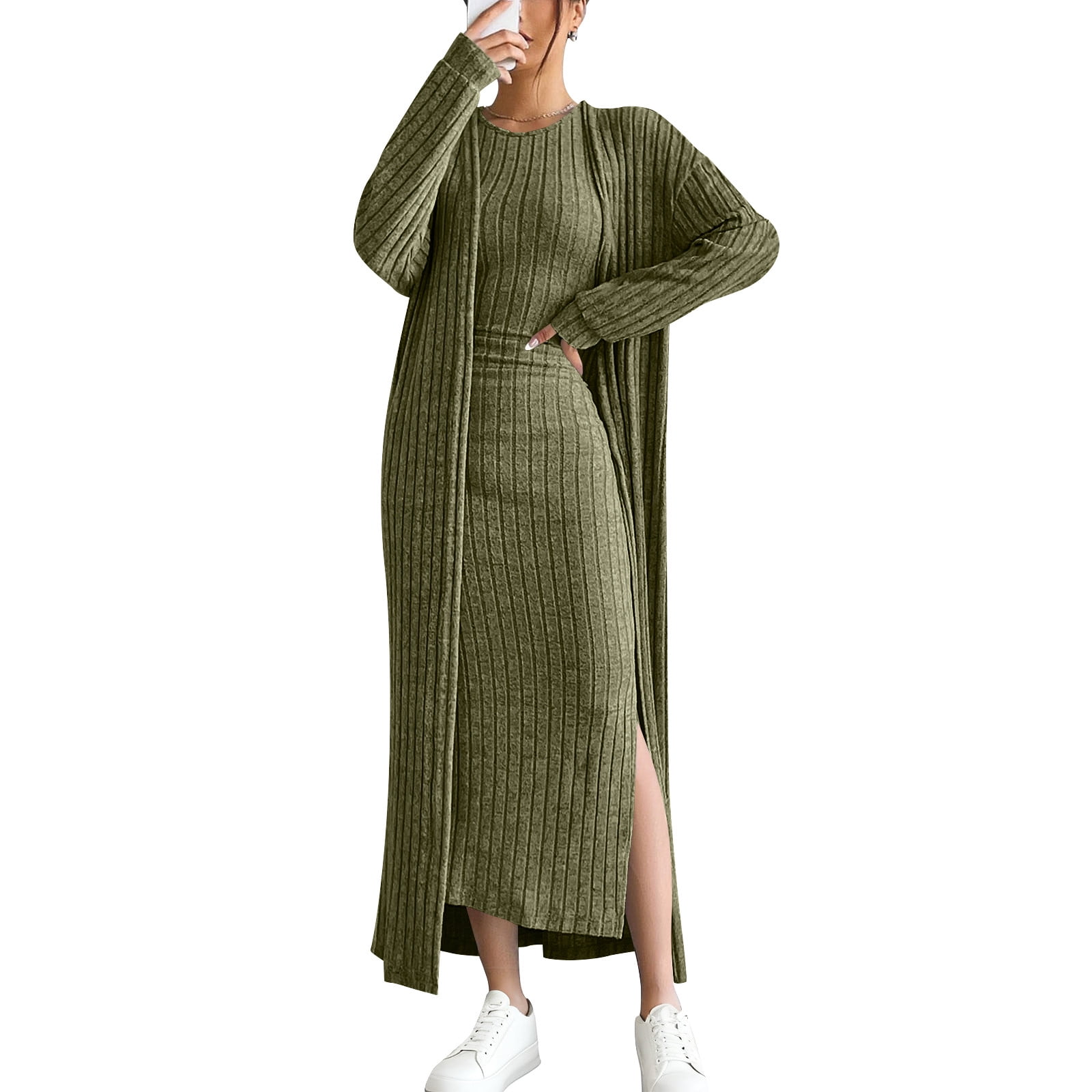 Cadancy Womens Sweater Dress 2 Piece with Robes Long Sleeve Cardigan ...