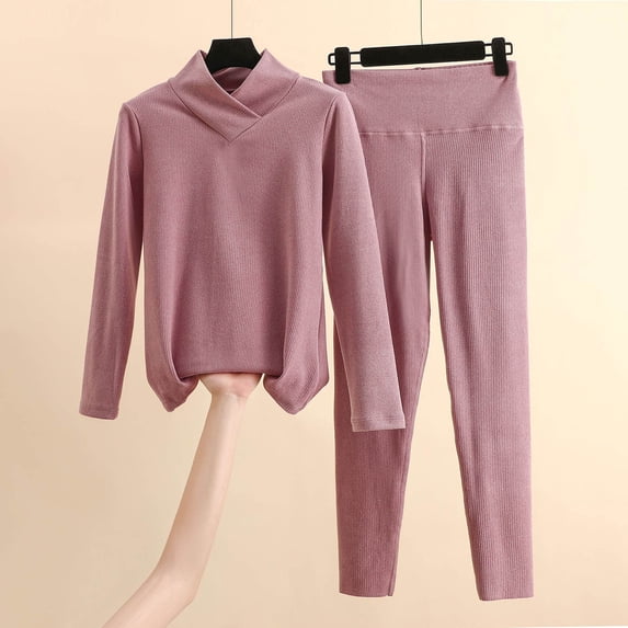 Cadancy Womens Thermals Top and Bottom Set for Cold Weather Mock Neck Knitted Base Layer Underwear Winter Warm Soft Somfy 2 Piece Outfits Solid Color Suitable Long Johns