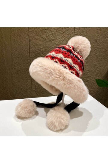 khaki red white stripe fur pom pom knit snow winter cap hat Unisex Winter Beanie Hat Knitted Pom-pom Fur lined Thermal  main image 2