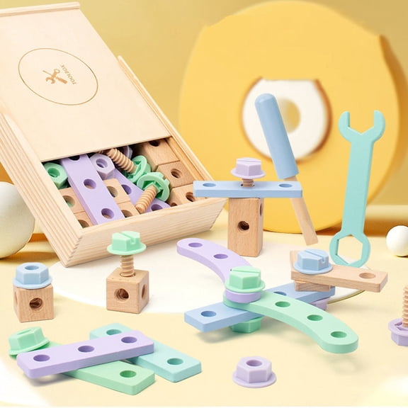 Cadancy Wooden Building Blocks Construction Toy with Screws Nuts Bolts, Montessori Learning Activity, Fine Motor Skills Development Educational Gift Set