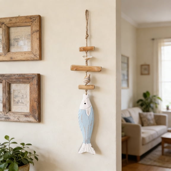 Cadancy Wooden Fish Wall Hanging Decor Nautical Beach Theme Ornament Handcrafted Marine Life Sculpture Coastal Cottage Pendant Rope Driftwood Decoration Bathroom Beach House Gift