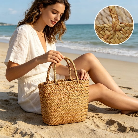 Cadancy Woven Basket with Handles Handmade Seagrass Storage Baskets Rattan Wicker Gift Bag for Picnic Beach Grocery Shopping Bathroom Bedroom Living Room Home Organization