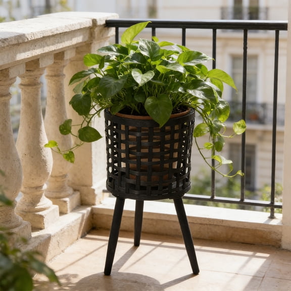 Cadancy Woven Plants Stand with Legs, Rattan Planter Holder for Indoor Outdoor, Boho Flower Pot Display Rack, Wooden Legged Basket for Home Balcony Patio Garden Decor