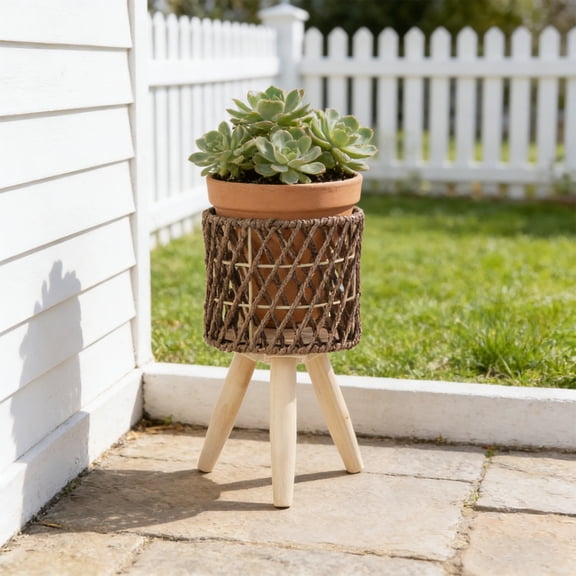 Cadancy Woven Plants Stand with Legs, Rattan Planter Holder for Indoor Outdoor, Boho Flower Pot Display Rack, Wooden Legged Basket for Home Balcony Patio Garden Decor