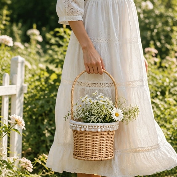 Cadancy Woven Rattan Storage Basket with Handle Decorative Flower Planter Organizer Picnic Tote Bin Handwoven Harvest Container Home Organization Garden Shopping Carrying Gift Hamper