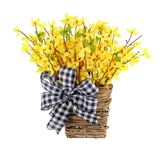 Cadancy Wreath for Front Door Spring Decor, Artificial forsythia Flowers in Grapevine Woven Basket with Buffalo Plaid Bow, Farmhouse Wall Hanging Decoration, Porch Window Mantel Decorations