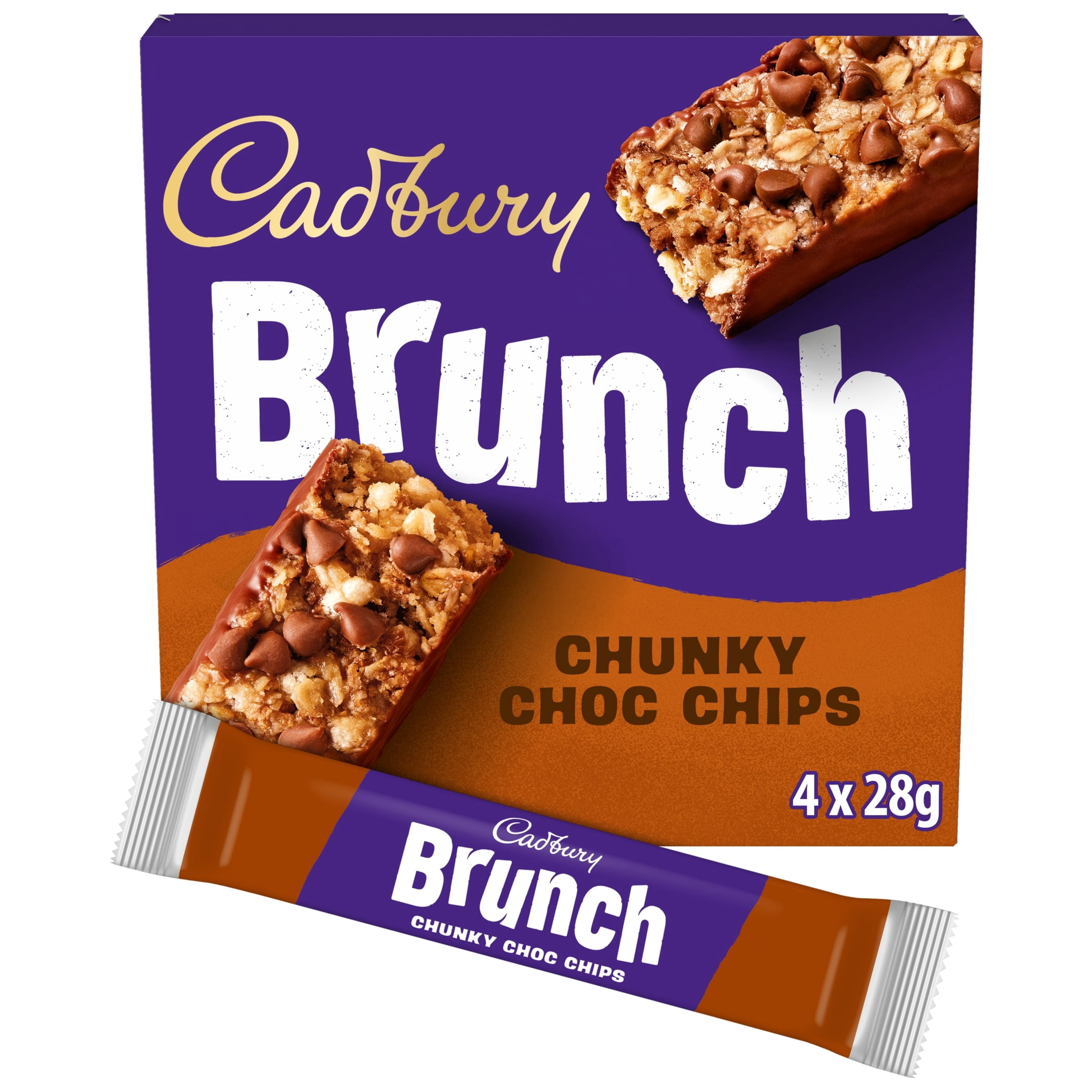 Cadbury Brunch Chocolate Chip Wholegrain Cereal Bars 4 x 28g, Imported from Britain