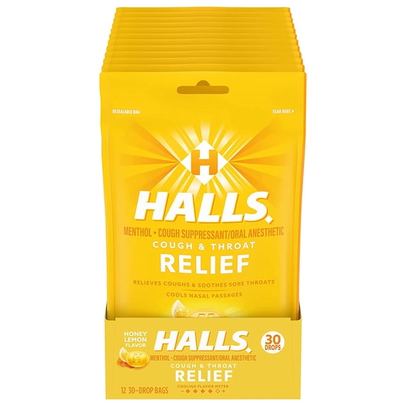 Halls Honey Lemon Cough Drops - with Menthol - 360 Drops (12 bags of 30 drops)