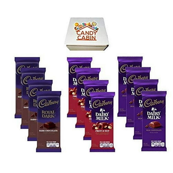 Cadbury Chocolate Candy Bar Variety Box 12-Count Full Size Bars By CANDY CABIN DARK-FRUIT-MILK