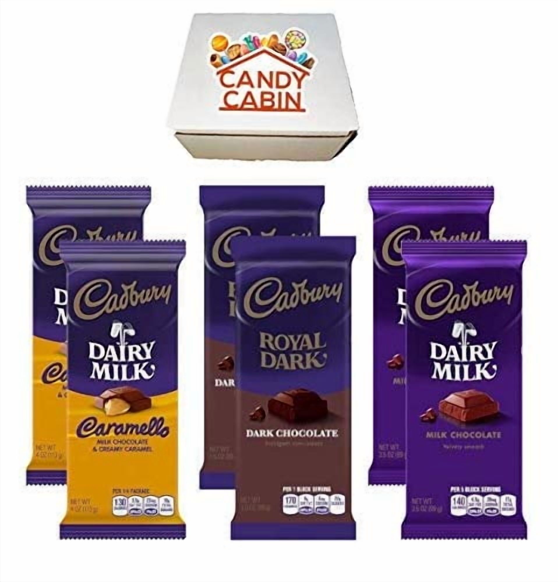 Cadbury Chocolate Candy Bar Variety Box 6-Count Full Size Bars By CANDY CABIN CARMELLO-DARK-MILK CHOCOLATE