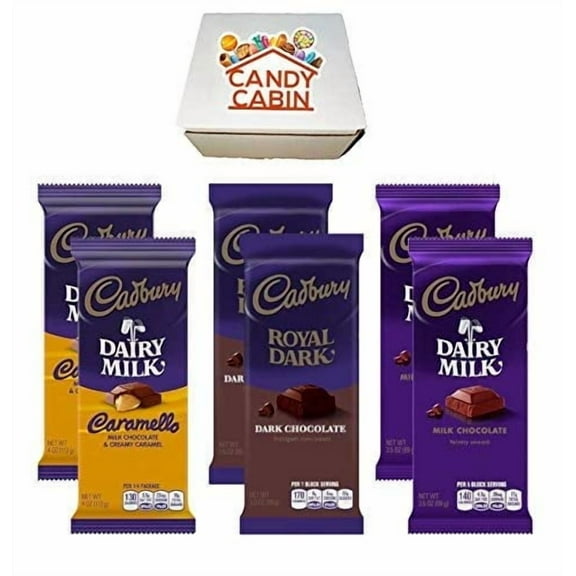 Cadbury Chocolate Candy Bar Variety Box 6-Count Full Size Bars By CANDY CABIN CARMELLO-DARK-MILK CHOCOLATE
