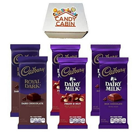 Cadbury Chocolate Candy Bar Variety Box 6-Count Full Size Bars By CANDY CABIN DARK-FRUIT & NUT-MILK