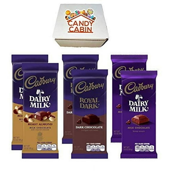 Cadbury Chocolate Candy Bar Variety Box 6-Count Full Size Bars By CANDY CABIN ROAST ALMOND-DARK CHOCOLATE