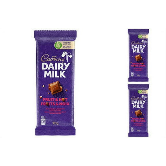 Cadbury Dairy Milk Chocolate Bar, Fruit & Nut Flavour, 100g/3.5oz per Bar, (3 Pack) {Imported from Canada}